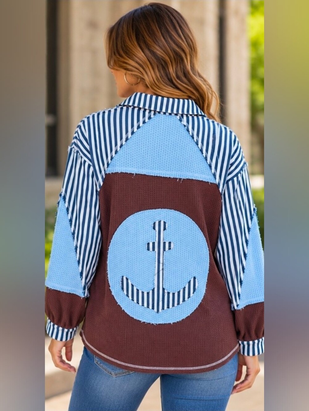 NEW!! POL Striped Patchwork Button-Up Shacket in Brown and Blue, Sz Large